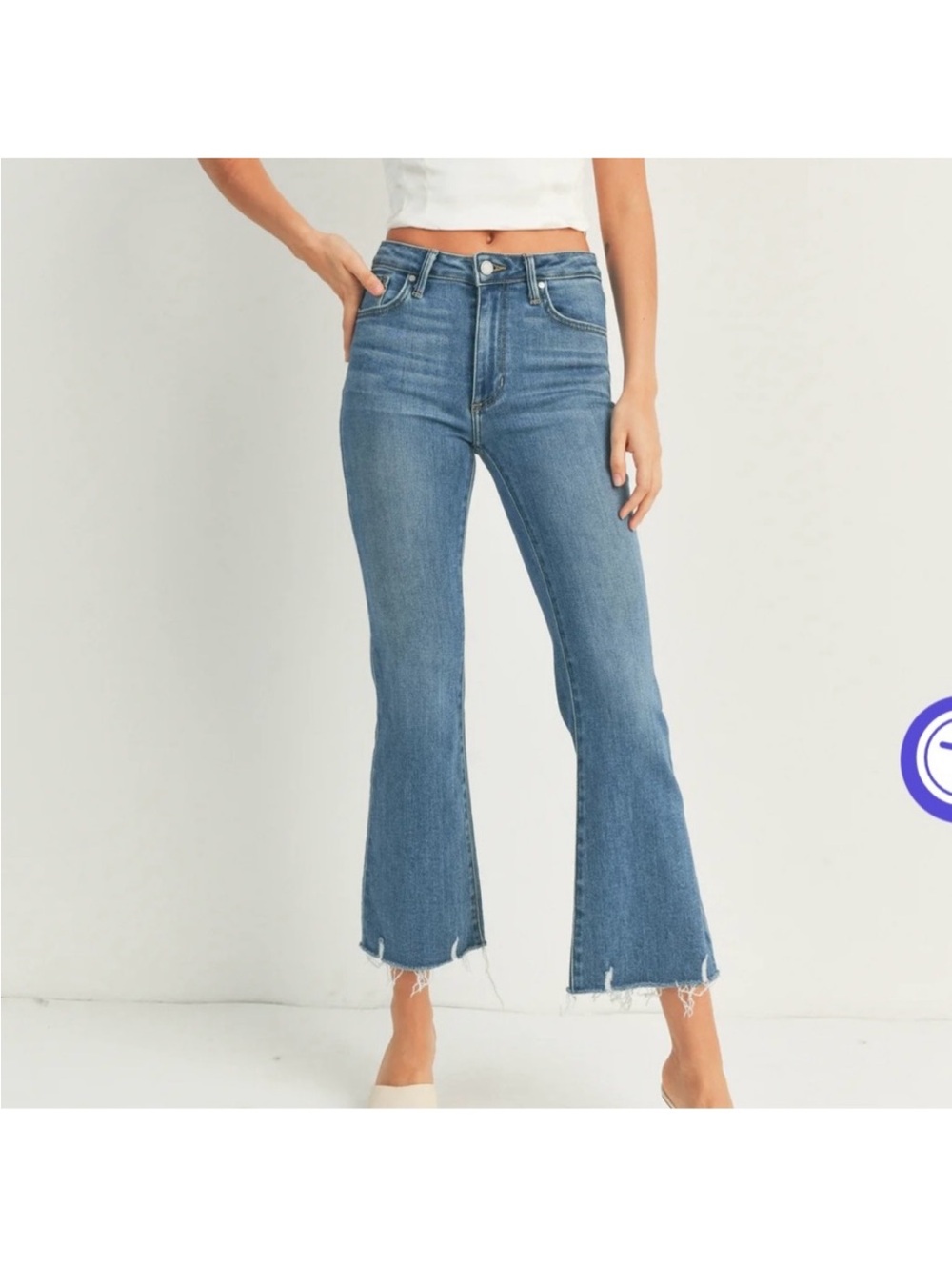 Just black High-Rise Cropped Flare Jeans in Medium Blue with Frayed Hem